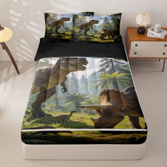 Homewish Tyrannosaurus Rex Pterosauria Zipper Twin Comforter Sets with Fitted Sheet and 2 Pillowcases, Triceratops Dinosaur Zipper Bedding Set, Black Reversible, 4pcs