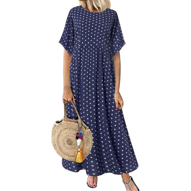 Baohd Robe Femme à Pois Vêtements d'Été Manches Courtes Col Rond Robe Bleu Marine TG
