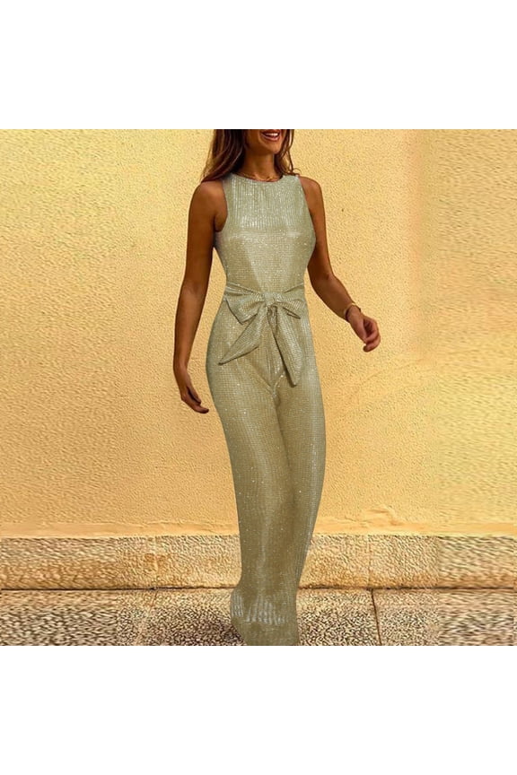 Women's Solid Color Round Neck Sleeveless Slim Fit Sequin Silver Point Jumpsuit Wide Leg Pants Jean Suits Fabric Overalls Pantsuit Elegant for Women Jumpsuits Clueless Jumpsuit Jugging Suits Women