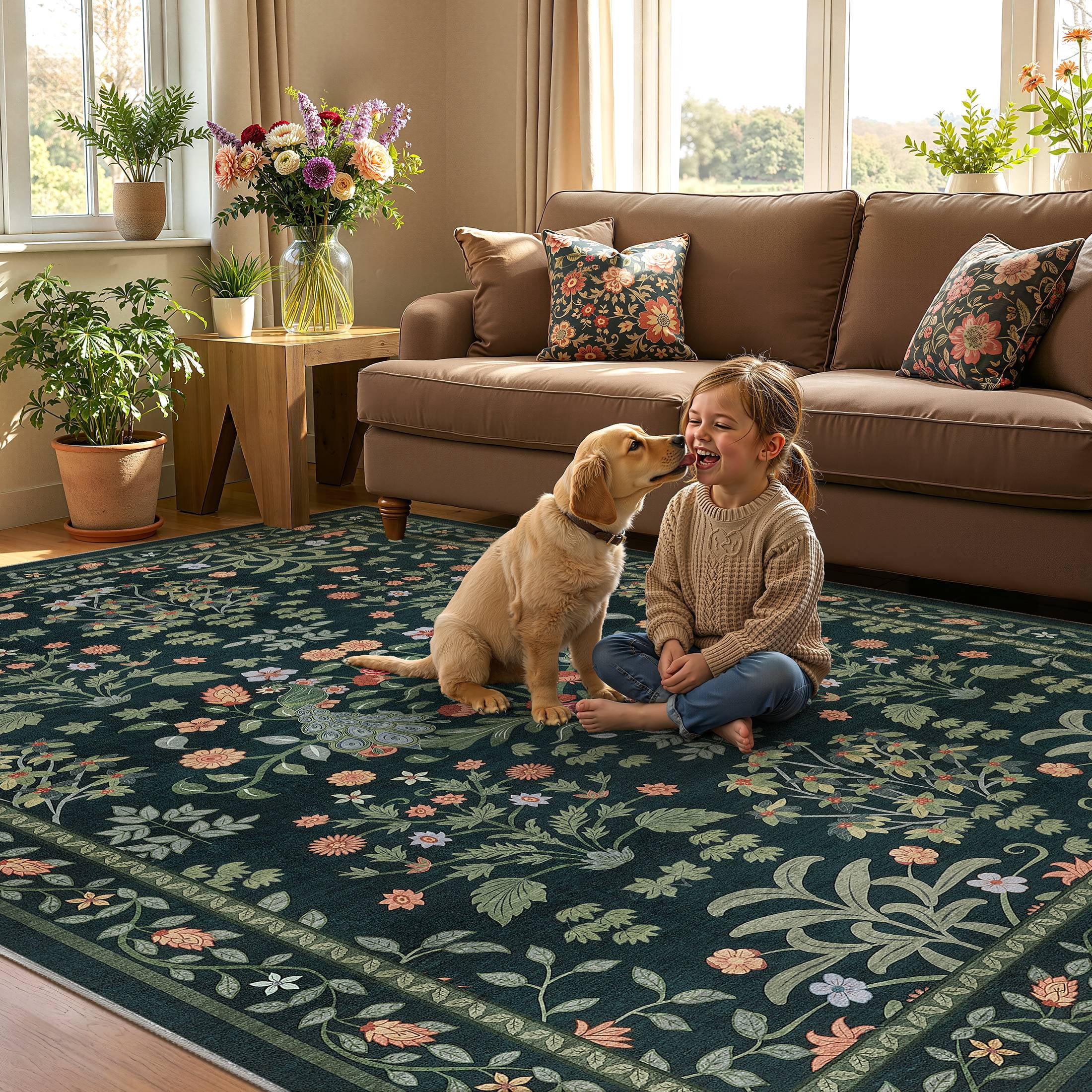 Micgeek Boho 9x12 Area Rugs for Living Room, Floral Non-Slip Washable Rug for Bedroom Home Decor Carpet, Farmhouse Dining Room Office Large Rugs, Dark Green