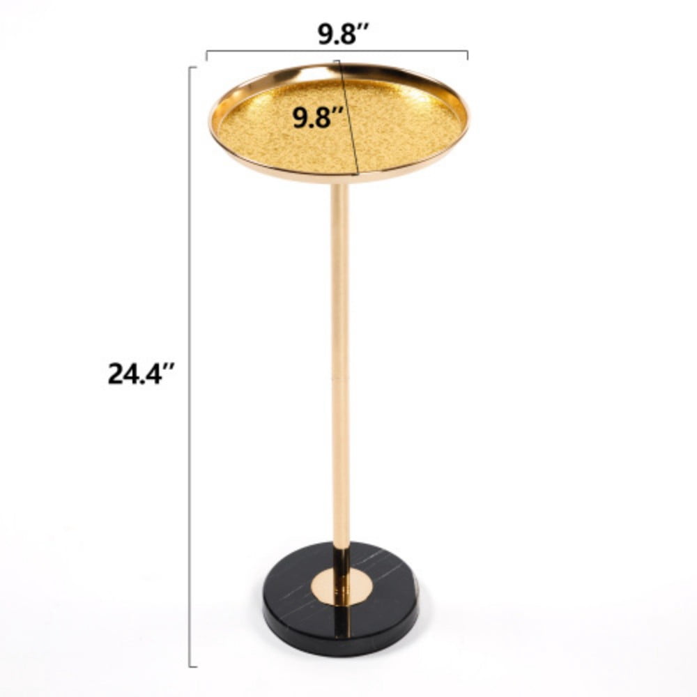 2-Piece Adjustable Side Tables, Small Gold Martini Tea Tables with Natural Marble Base, Metal Tray Top, Pedestal End Tables for Living Room Bedroom