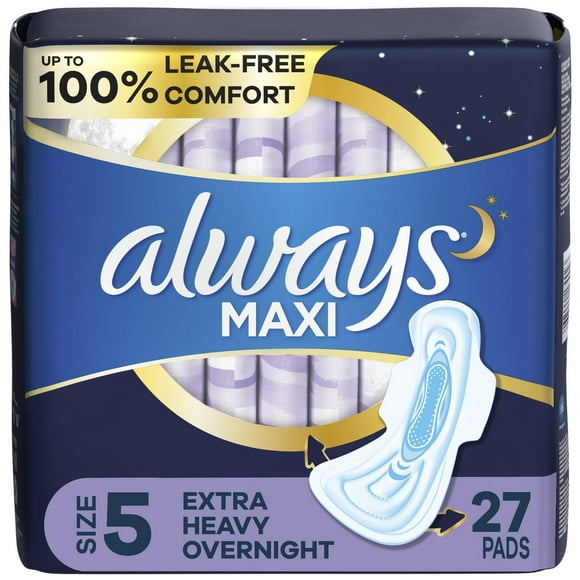 Always Maxi Overnight Pads with Wings for Women, Size 5, Extra Heavy Overnight Absorbency, Unscented, 27CT
