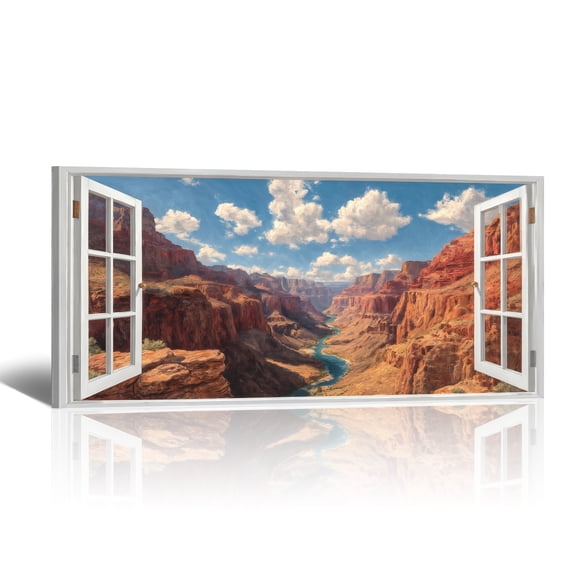 Grand Canyon Canvas Wall Art - Large Open Window Canvas Prints with Red Mountain & Blue Sky Landscape Paintings, Natural Wonder Horizontal Artwork for Living Room Bedroom Home Decor