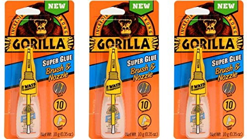 Gorilla Super Glue with Brush & Nozzle Applicator, 10 Gram, Clear, (pack of 3) - Dries in 45 Seconds