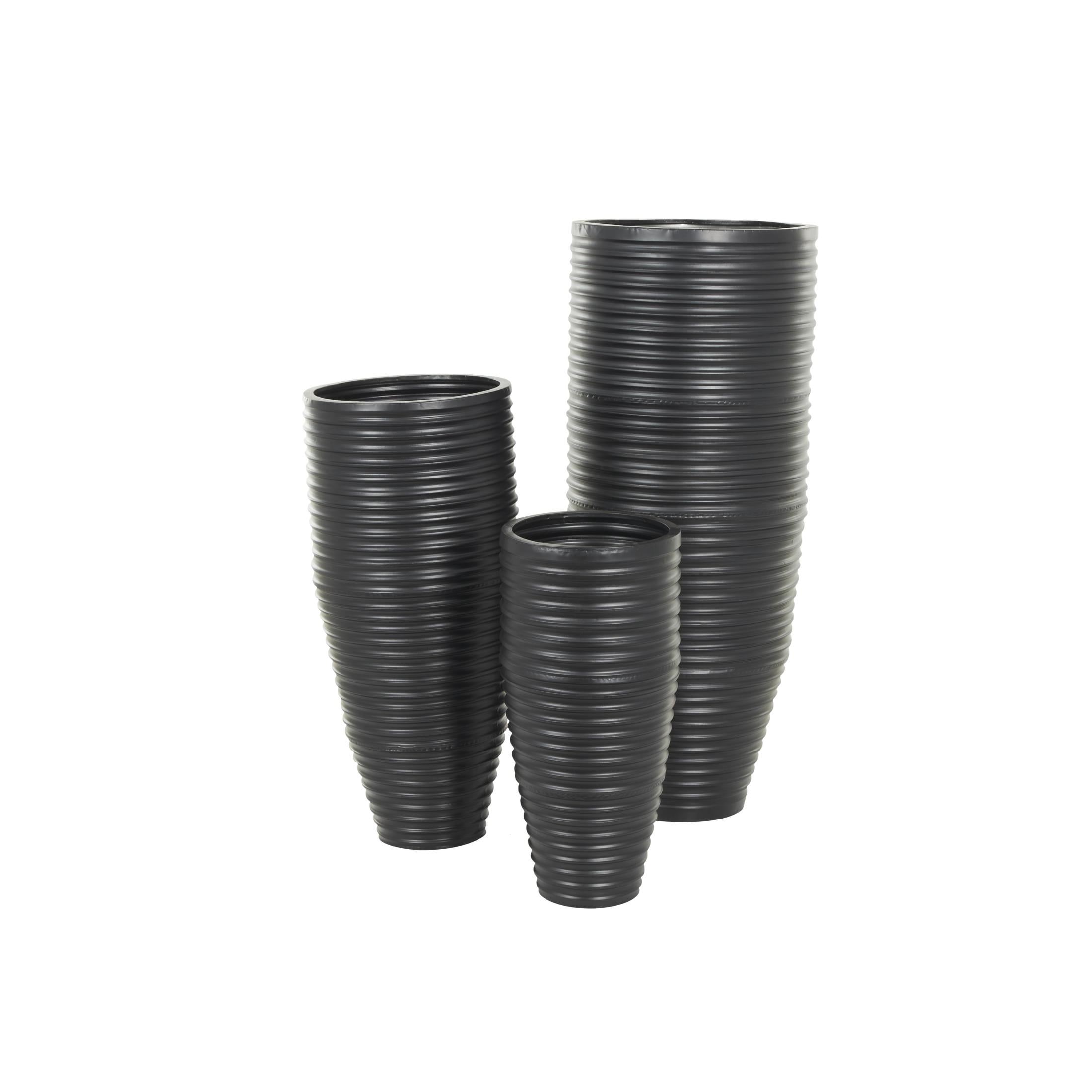 DecMode 46", 35", 27"H Ribbed Tall Floor Black Metal Vase with Horizontal Grooves, Set of 3