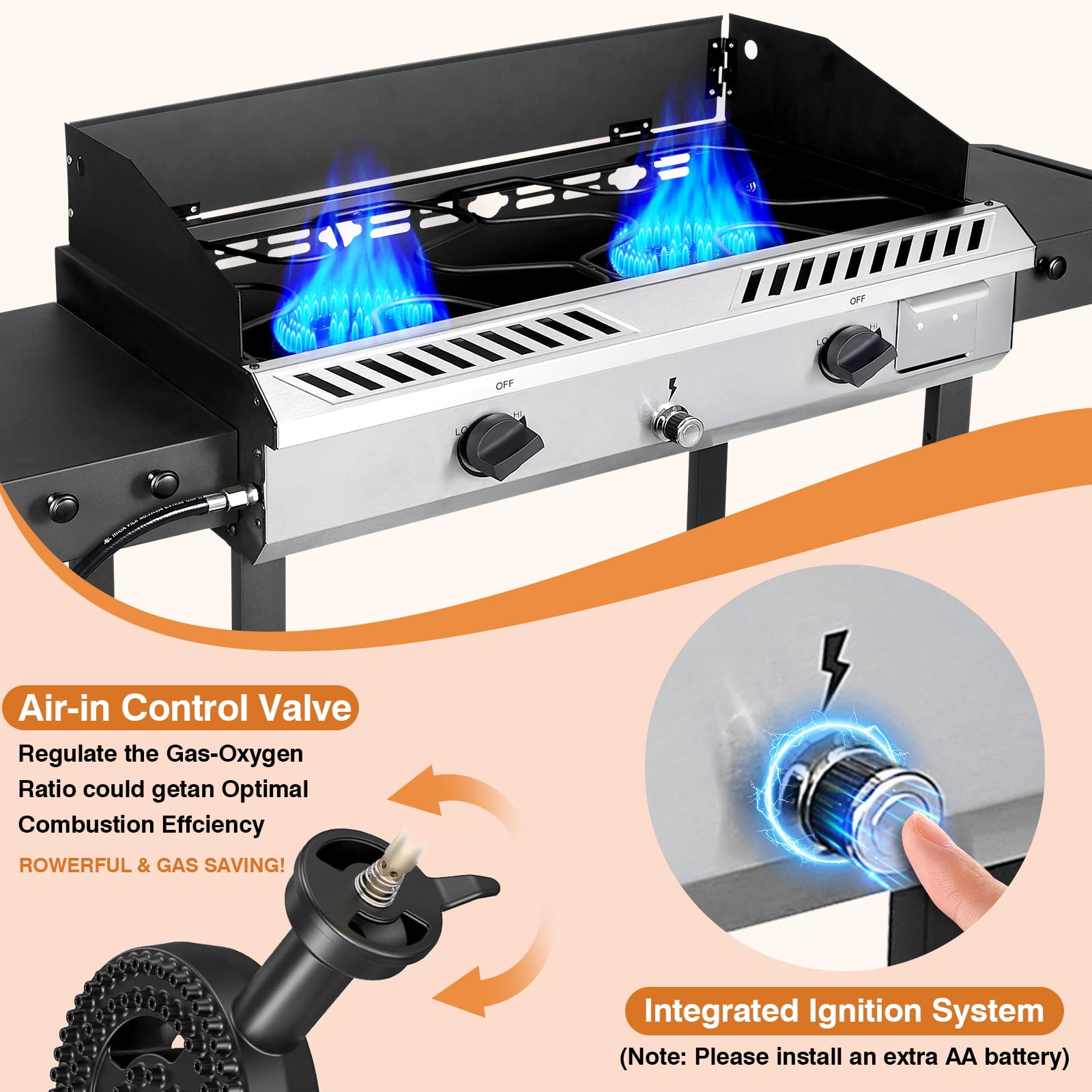 SIXDAY 150,000 BTU 2-Burner Outdoor Gas Stove with Side Shelves & Wind Panel, Regulator, and All-Terrain Wheels for Easy Mobility