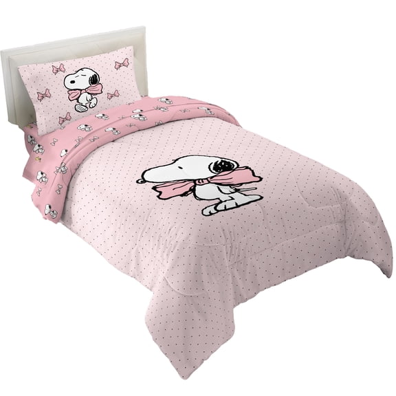 Peanuts Snoopy 4 Piece Pink Coquette Reversible Comforter, Pillowcase, and Sheet Set, Twin