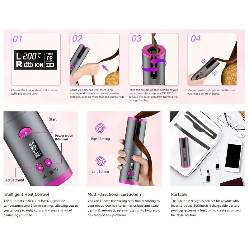 YIYUN Auto Hair Curler with USB Fast Charging – Ceramic, 5 Heat Levels, Tangle-Free, Ideal for Effortless Styling & Events.