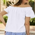 thumbnail image 3 of tarylea Off Shoulder Tops for Women Short Sleeve Ruffled Blouse Casual Loose Summer Solid Color Tops, 3 of 6