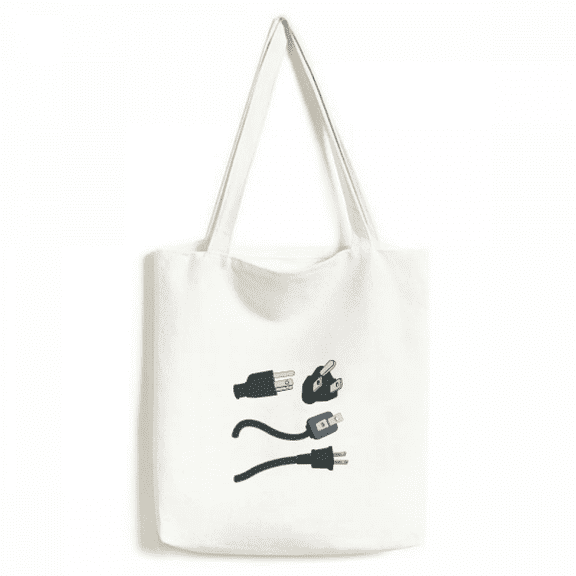 Black Charging Cable Plug Pattern Tote Canvas Bag Shopping Satchel Casual Handbag