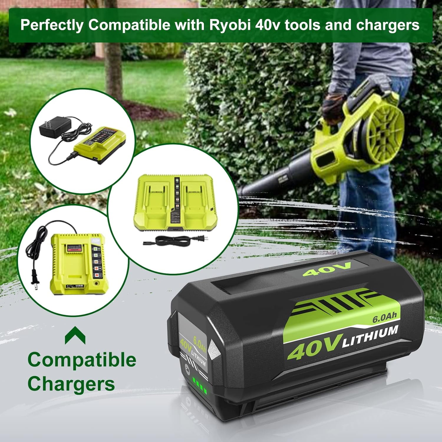 OP4026 8.0Ah Replacement for Ryobi 40V Battery and OP401 Charger, Compatible with Ryobi 40V Lithium Battery OP40401 OP40602 OP4060A1 OP40601 OP4075A OP4050A OP4026A OP40201 OP4040 OP40404 (Green)