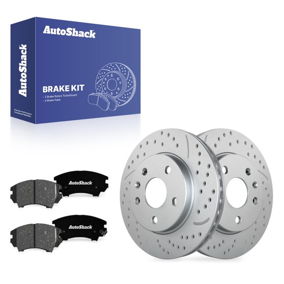 AutoShack Front Vented Drilled & Slotted Coated Brake Rotors Silver Matte Finish   Ceramic Pads 6-PC Brake Kit Replacement for 2016 Buick LaCrosse TurboGuard 11.65" (296 mm)