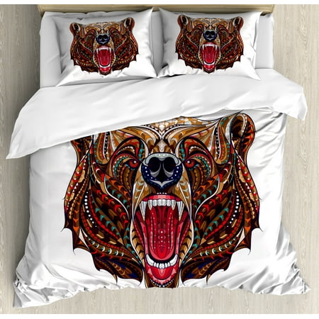 Bear Duvet Cover Set Patterned Head Of Wild Predator Growling