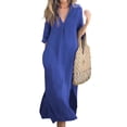 thumbnail image 2 of Lumento Womens Side Slit Maxi Shift Dress V-Neck Loose Dresses Ladies 3/4 Sleeve Cotton Linen Long Dress Blue 2XL, 2 of 5