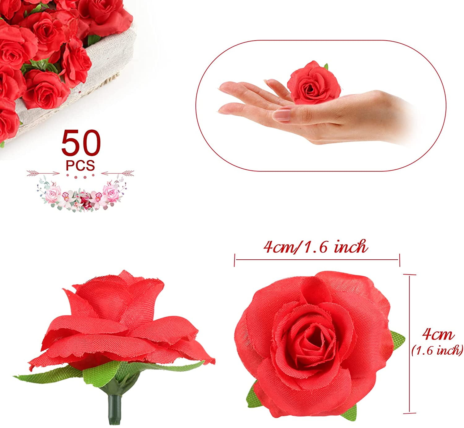 Buy Naler 50Pcs Red Roses Buds Artificial Flowers Bulk, 1.6 Small Silk Fake Roses Flower Heads