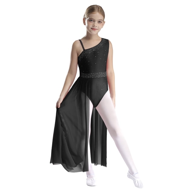 Linjinx Robe de Danse Lyrique pour Filles, Patinage Artistique, Longue Robe Sans Manches, Justaucorps de Gymnastique Noir 16