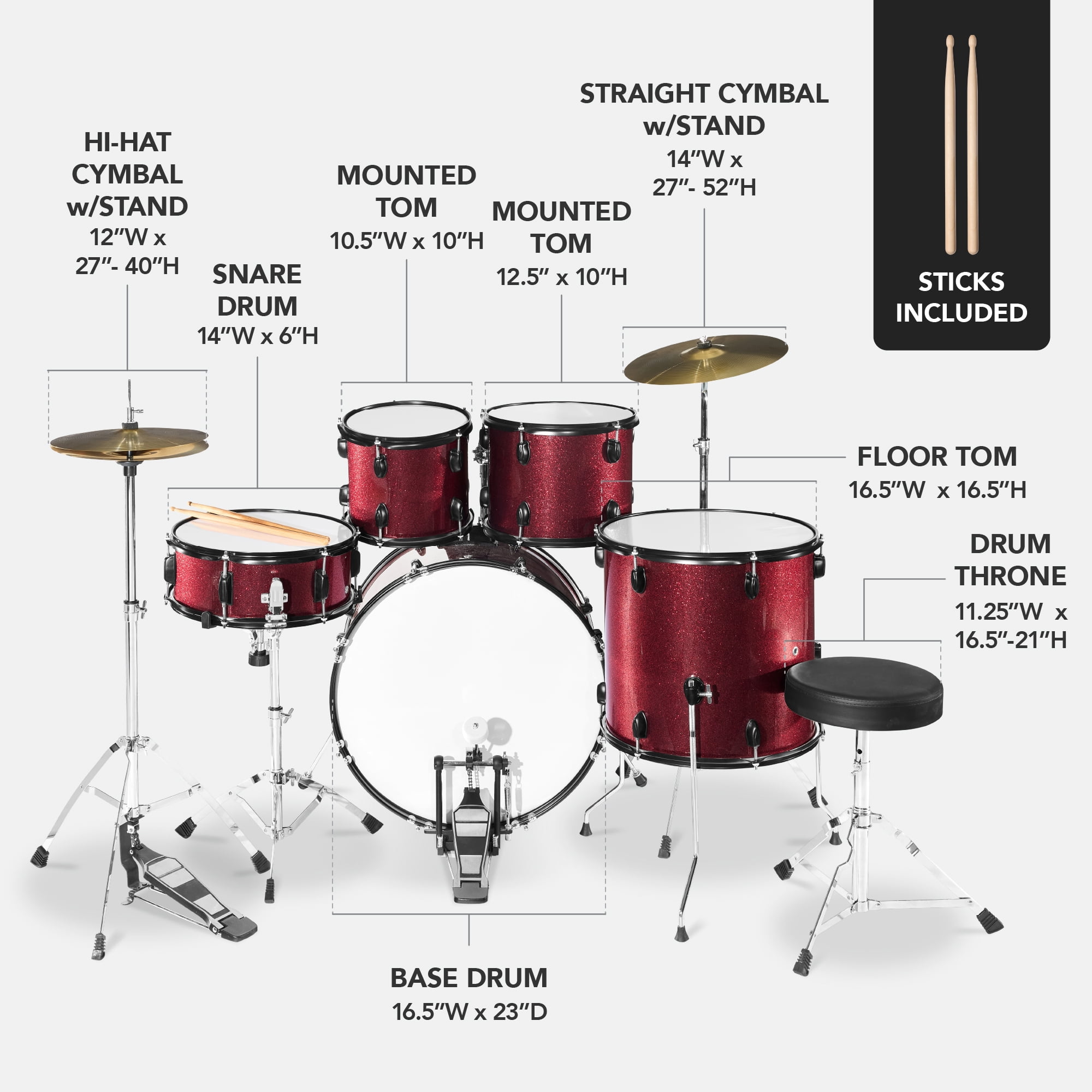 Best Choice Products 5-Piece Beginner Drum Set w/ Snare, Bass, Toms, Cymbal, Hi-Hat, Sticks, Drum Pedal - Red