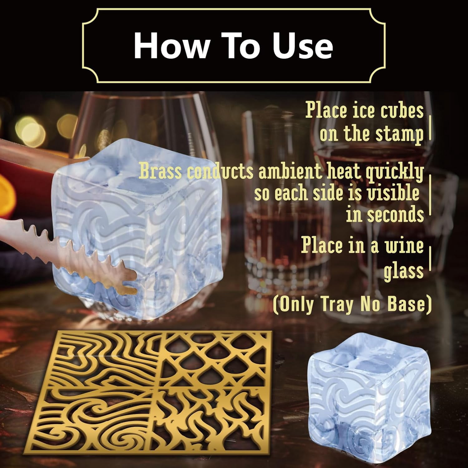 4 Style Pattern Ice Cubes Stamp Tray Craft No Base Ice Molding for Bourbon Cocktails in 5 Second Whiskey Molding Clear Ice Block Stamp Cocktail Bartender Accessories Fire Curve Texture