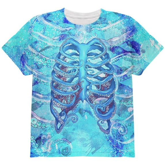 Halloween Octopus Kraken Skeleton Ribs Costume All Over Youth T Shirt Multi YSM
