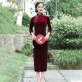 thumbnail image 1 of ALSLIAO - Nuevo y lujoso vestido largo de terciopelo para mujer, cheongsam chino, corte entallado, qipao rojo vino, talla 2XL, 1 of 8