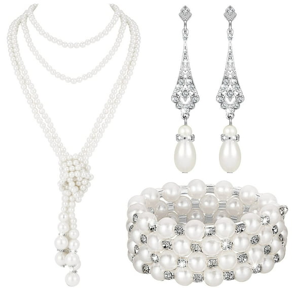 1920S Pearl Jewelry Set: the package comes with 1 pair of roaring 20s earrings, 1 piece of flapper bracelet and 1 piece of flapper pearl necklace, the good combination