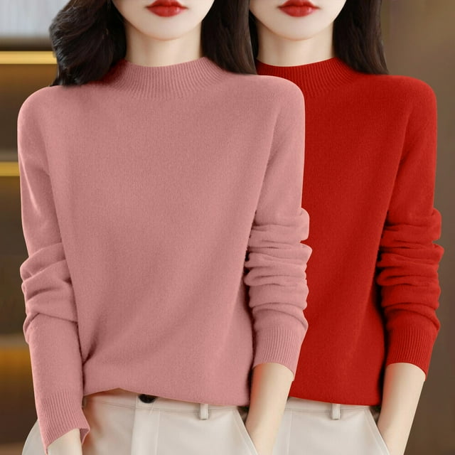 Chandail à Col Rond pour Femmes, Automne et Hiver, 2 Pcs, Couleur Unie, Doux et Confortable