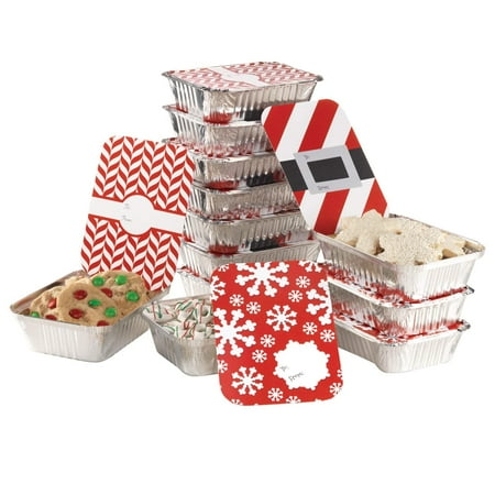 Nesting Cookie Tins Christmas Food Foil Containers with Festive Lids – Rectangle Aluminum Containers, Set of 24 – Ideal for Baking, Gifting and Storing Holiday Food, Treats, Leftovers and Cookies – Tins Measure 7” x 5” ()