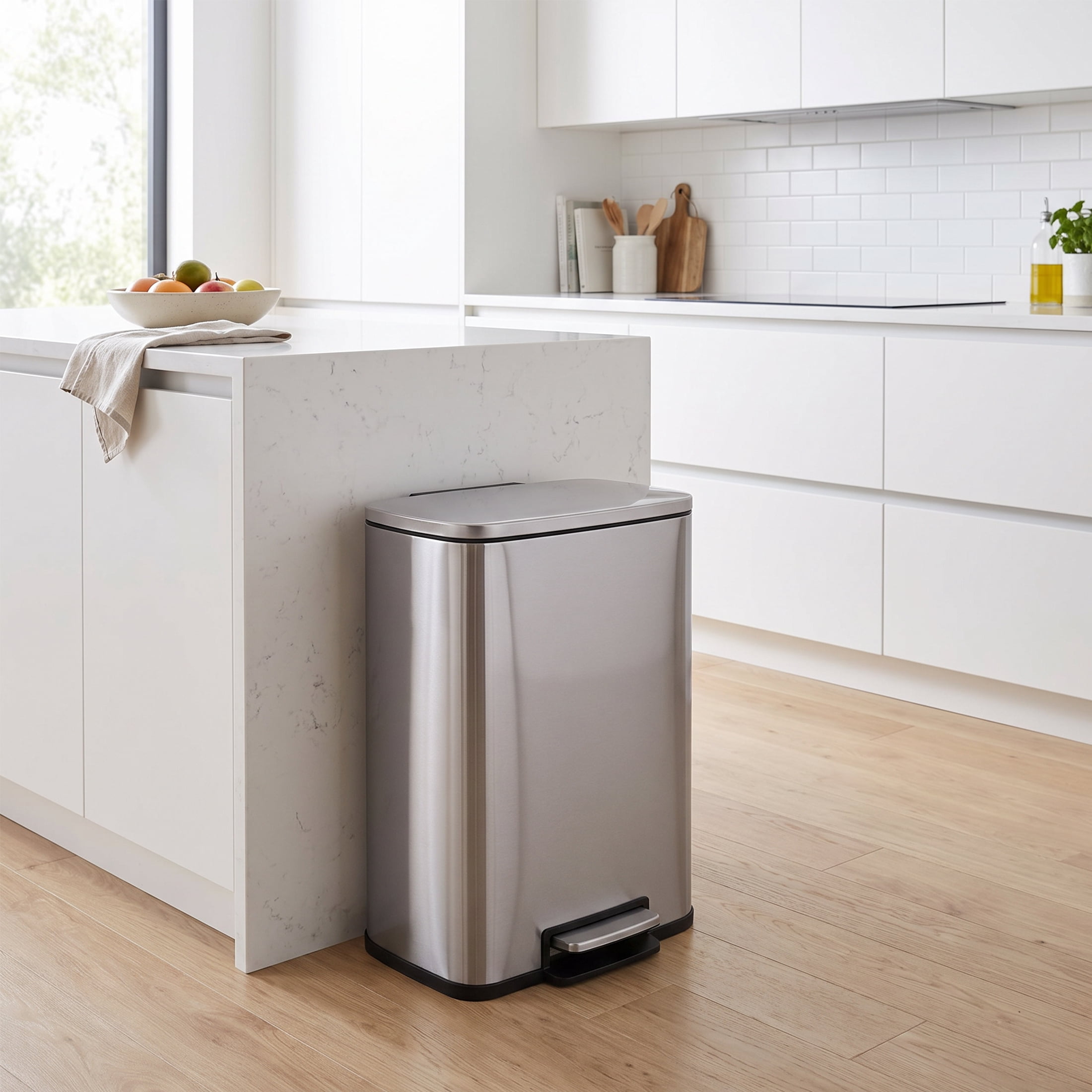 Simplykleen Kitchen Trash Can, 13.2 Gallon Stainless Steel Step-On Rectangle Garbage Bin with Soft Close Lid, Fingerprint Resistant, Silver