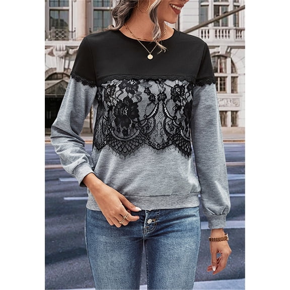 Round Neck Lace Trim Two Tone Light Classic Sweater for Women Gray Large