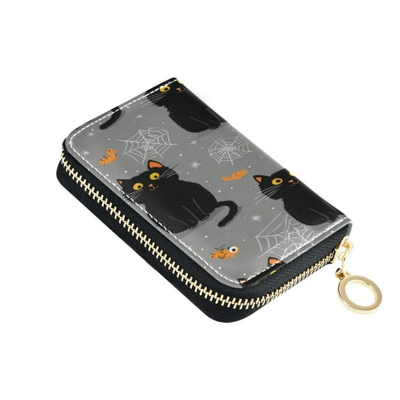 PU Leather Zip Card Holder Women's Card Case Zipper Card Case Compact & Lightweight Black Cat and Spider Web