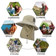 Mens Sun Hat with Neck Flap, Wide Brim Fishing Safari Hiking Hat, UPF 50+ Protection, Adjustable Chin Strap