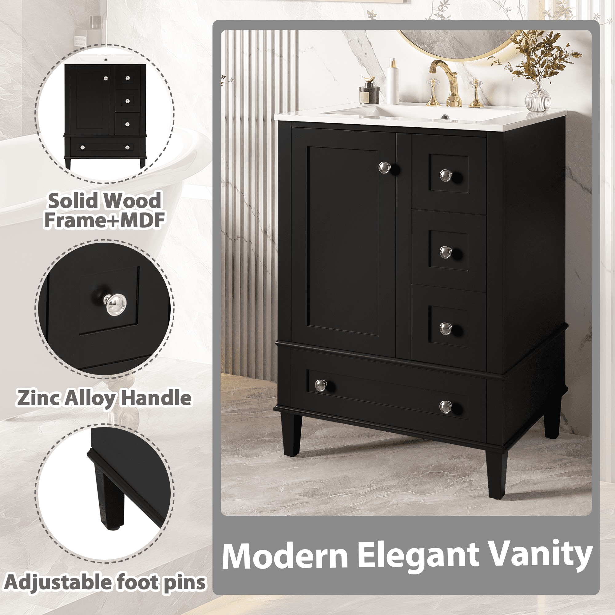 MODERNLUXE 24" Bathroom Vanity with Ceramic Sink,Modern Bathroom Storage Cabinet with A Door-mounted Double-Layer Shelf,1 Soft Closing Door & 3 Drawers, Freestanding Cabinet with Sink Combo Set,Black