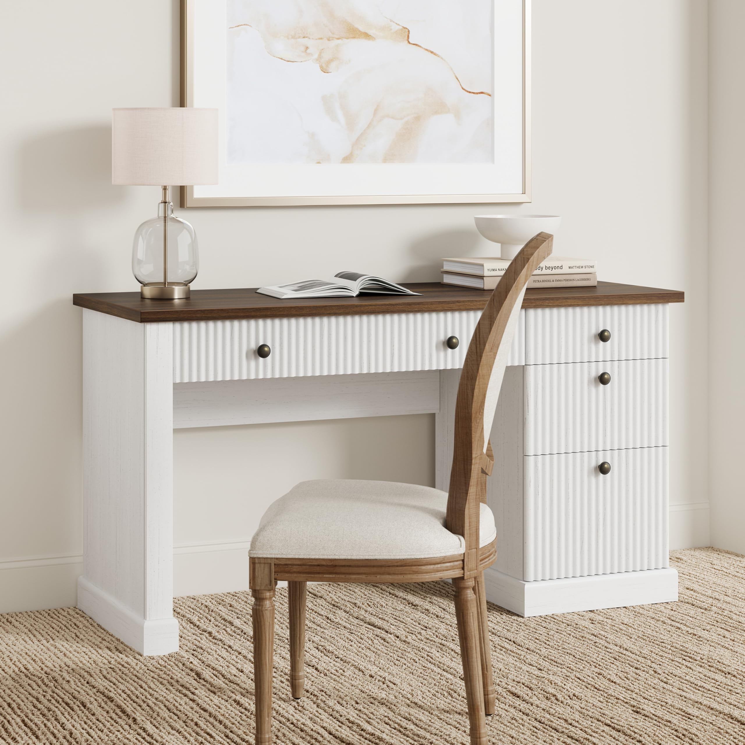 EliteEdge 54" Fluted Executive Desk with File Drawers, Storage Cabinet & Charging Station, Modern Computer Table for Home Office,Brown and White