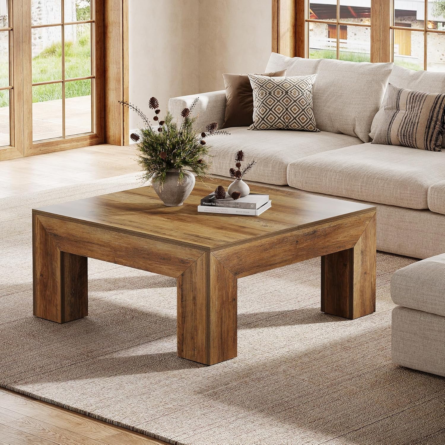 Tribesigns 39.37" Low Square Coffee Table, Farmhouse Large Tea Accent Table Center Table for Living Room(Rustic Brown)