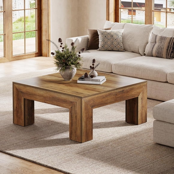 Tribesigns 39.4" Square Coffee Table with Sturdy Legs, Farmhouse Large Center Tea Accent Table for Living Room, Rustic Brown
