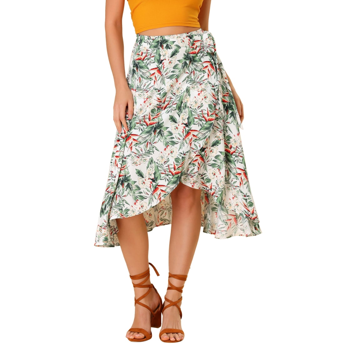 Unique Bargains Women s Floral Tropical Hawaii Boho Midi Wrap Skirt Walmart