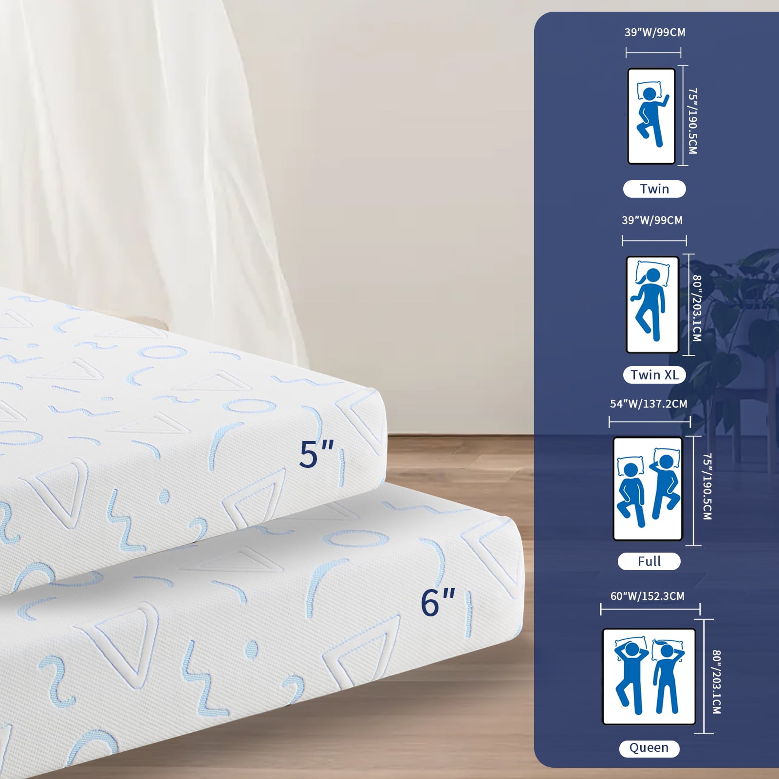 6" TwinXL Mattress, Removable and Washable Cover, Cooling Memory Foam with Geometric Pattern, Medium Touch, Bed in a Box, CertiPUR-US Certified, White/Blue