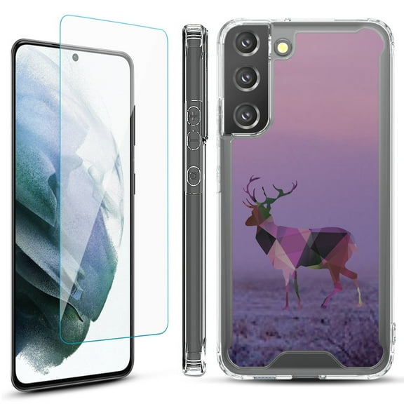 Shockproof Bumper Phone Case for Samsung Galaxy S22  / S22 Plus 5G, with Tempered Glass Screen Protector, by OneToughShield ® - Deer/Polygon