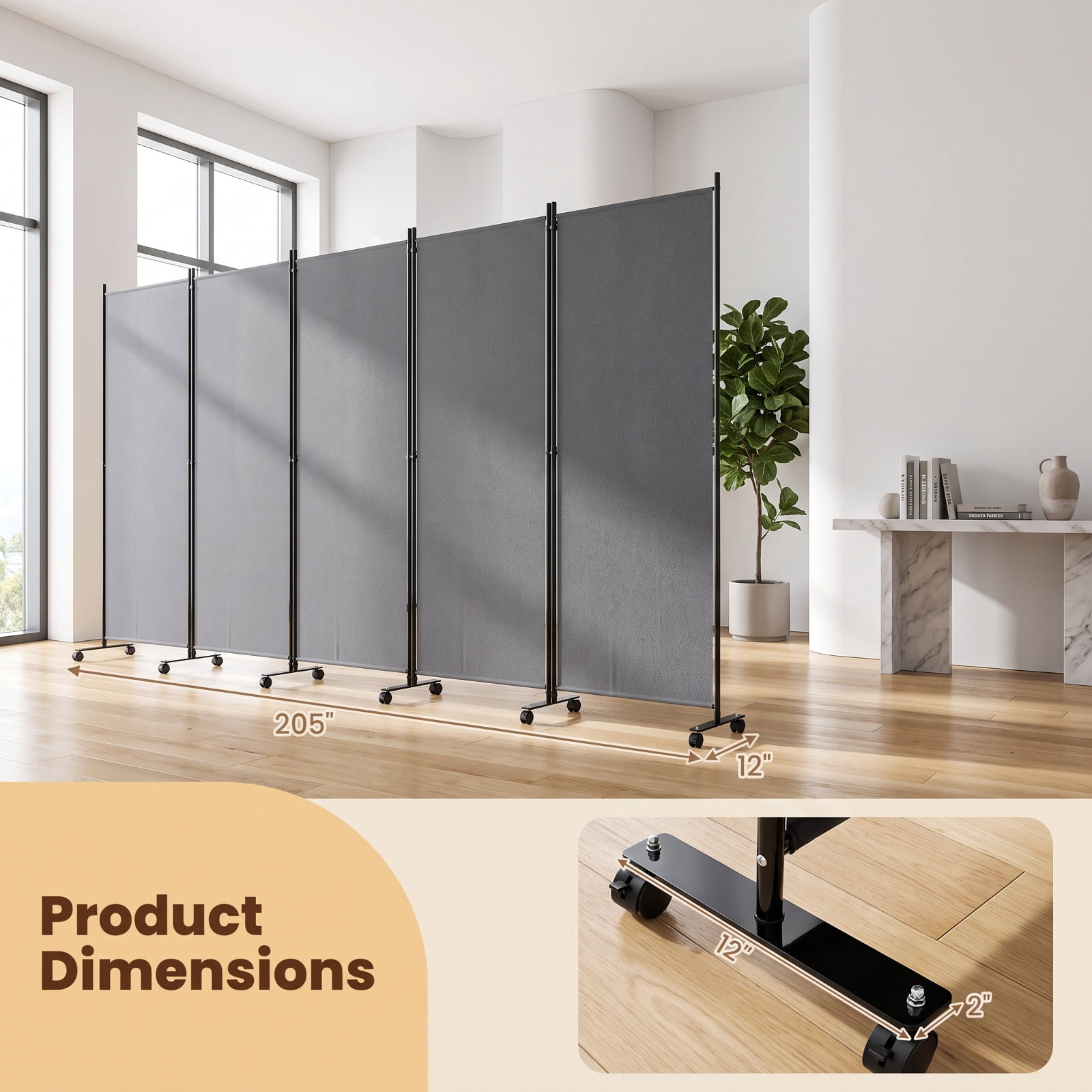 Vebreda 6-Panel Rolling Room Divider Folding Privacy Screen with Lockable Wheels, Freestanding Fabric Partition for Bedroom Office Studio, Gray