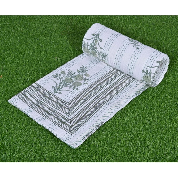 indian cotton kantha quilt Bedding throw sofa coverlet bedspread single size hand block print vintage blanket, 60 X 90 Inche