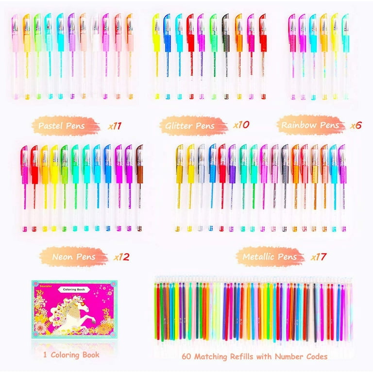 Soucolor Glitter Gel Pens for Adult Coloring Books, 122 Pack Artist Colored  Neon Glitter Gel Marker Pens Set with 40% More Ink for