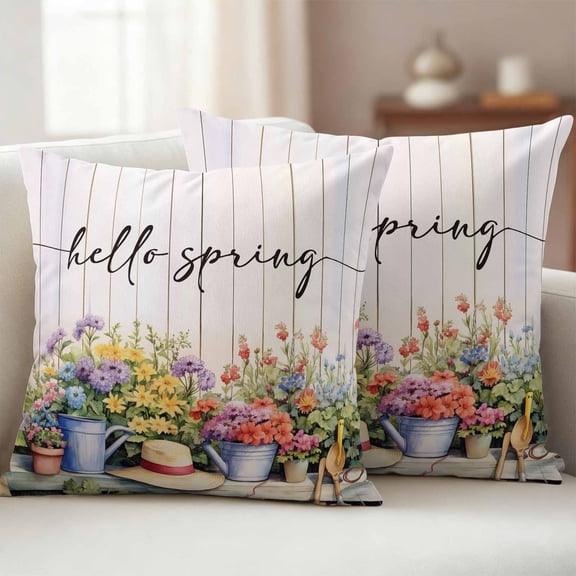 Pack of 2 Outdoor Pillow Covers 16x16 Inch Waterproof Hello Spring Throw Pillow Covers,Decorative Couch Pillow Shams Protectors Elagant Summer Floral Botanical Wooden Patio Pillowcases Cushion Covers