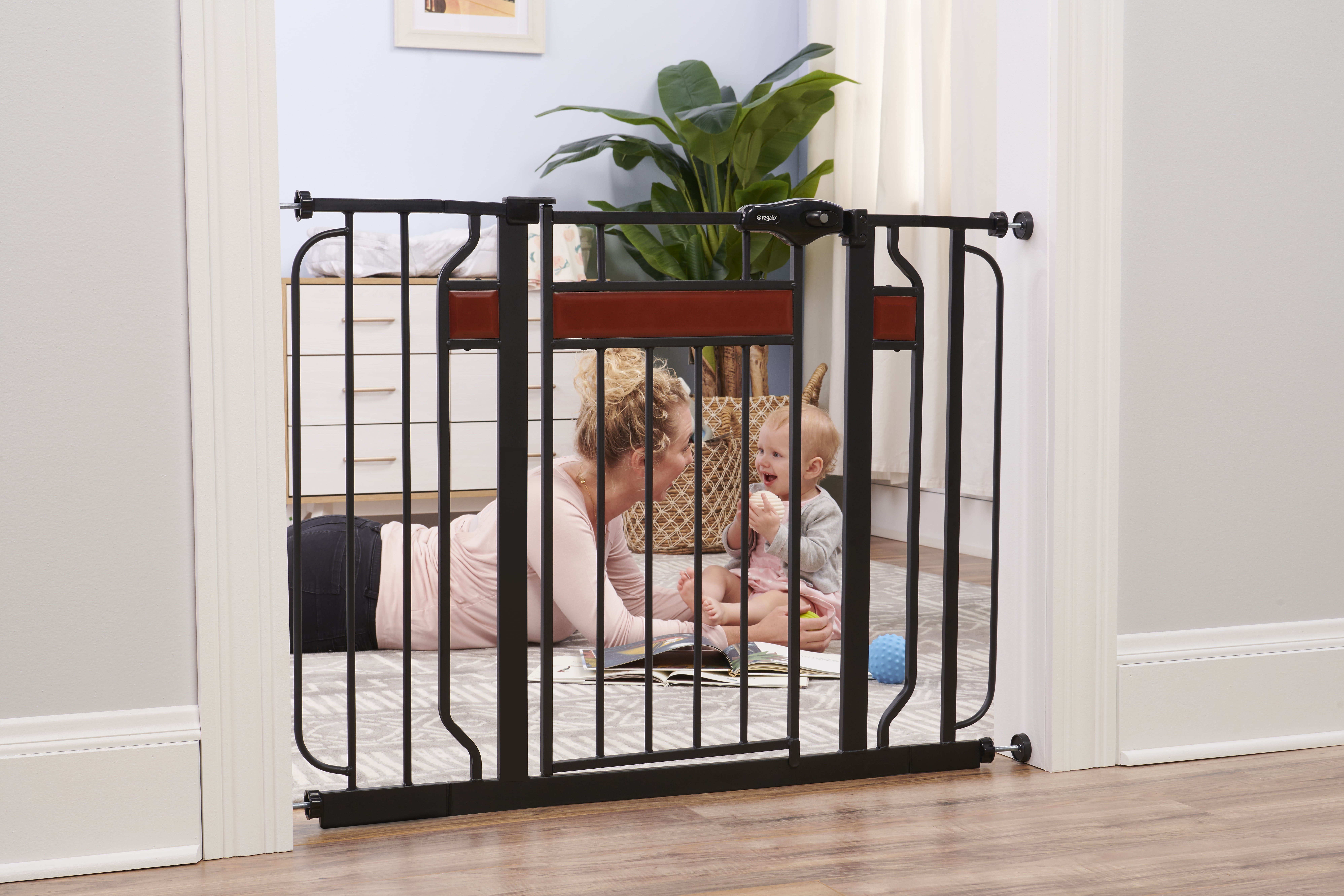 Regalo Home Accents Extra Wide Walk Thru Baby Gate Includes Décor Hardwood 4 Inch Extension Kit Pack Of Pressure Mount