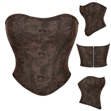 FAKKDUK Women s Overbust Corset Zipper Tube Tops Boned Body Shaper Bustier Women s Retro Sexy Printing Tube Top Zip Corset Tight Vest Tops  Brown&XXXL