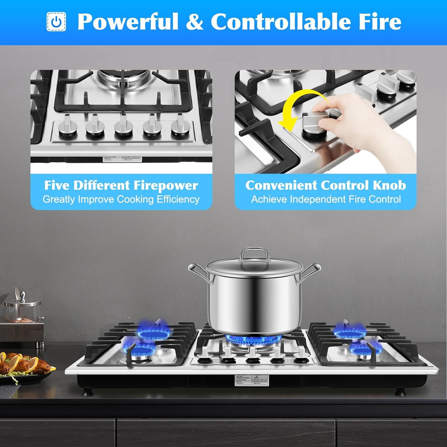 5 Burners Gas Stove 33.86" Built-In Stove Top Gas Cooktop Kitchen Easy To Clean Gas Cooking, Cooktop Cooking Stainless Steel Gas Propane Stove