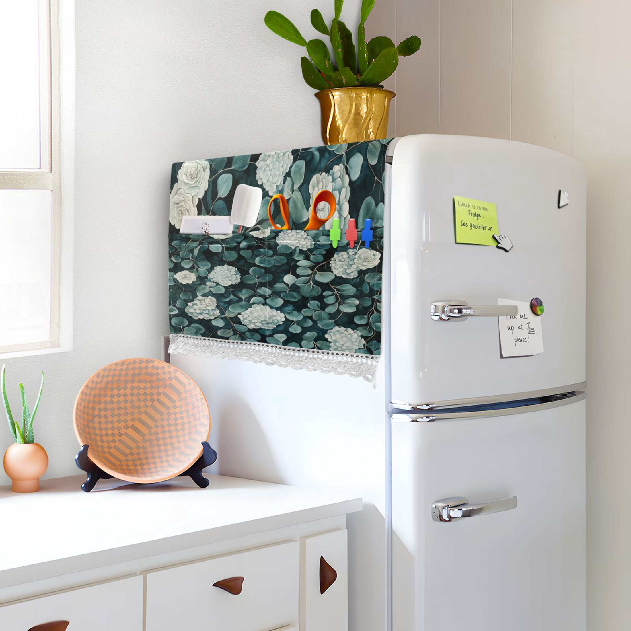 Eucalyptus Leaves PatternWasher and Dryer Covers Dust-Proof and Oil Resistant Fridge Cover with 4 Storage Pockets Washing Machine Top Cover for Laundry Kitchen Home 51.2 x 22 In