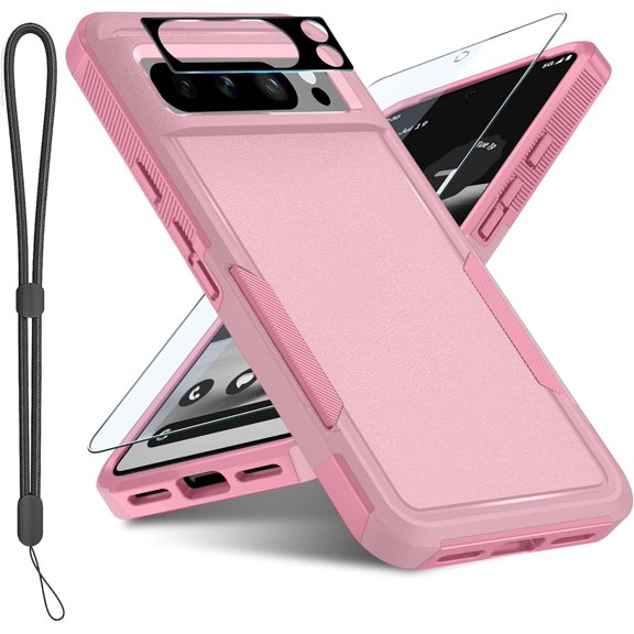for Google Pixel 8 Pro Case with Screen Protector Camera Lens Protector Wrist Strap Lanyard,Heavy Duty Shockproof Full Body Phone Cover,2023 Girly Pink