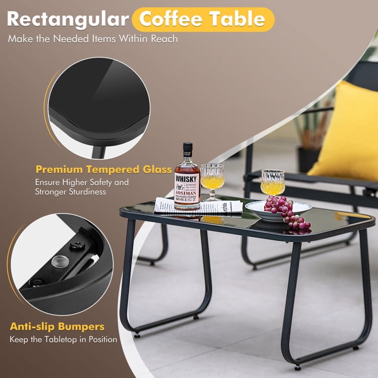 Aimee Lii 4 Pieces Outdoor Conversation Set with Glass Coffee Table, Patio Sectional Furniture Set, Black Aimee Lii 4 Pieces Outdoor Conversation Set with Glass Coffee Table, Patio Sectional Furniture Set, Black