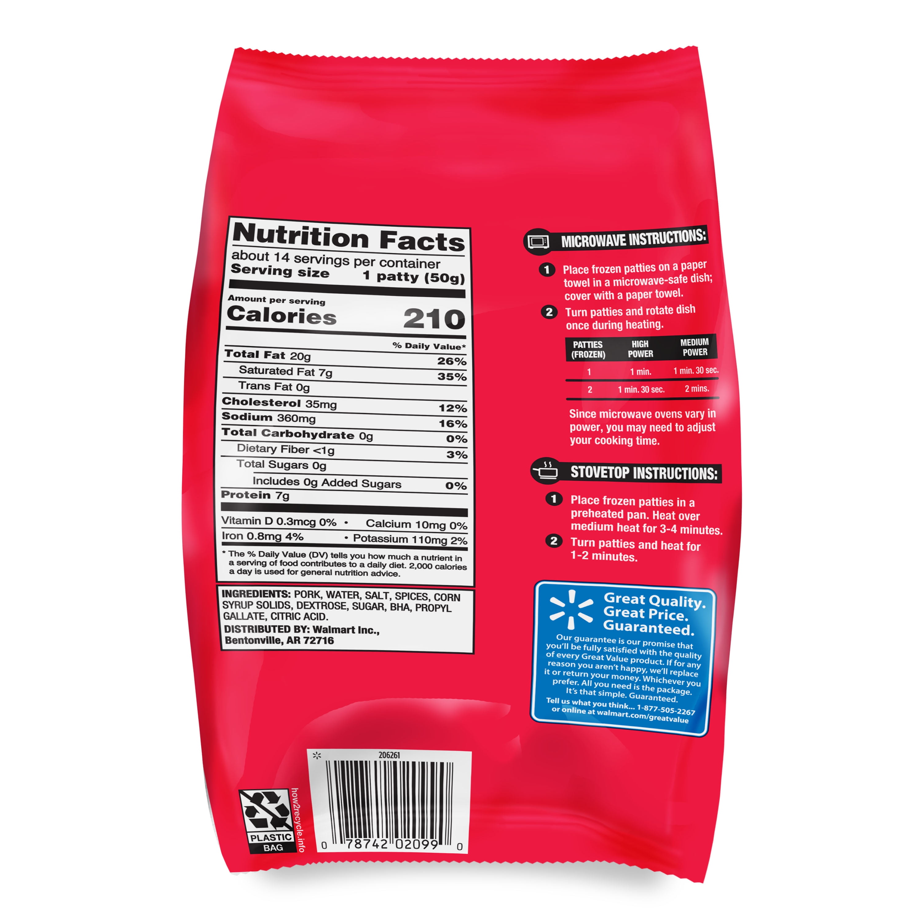 Great Value Fully Cooked Spicy Frozen Pork Sausage Patties, 24.92 oz bag