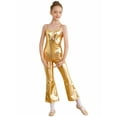 thumbnail image 4 of YEAHDOR Kids Girls Metallic Gymnastics Full Jumpsuit Sleeveless Shiny Bell-Bottomed Bodysuit Jazz Modern Dance Unitard Gold 8, 4 of 7